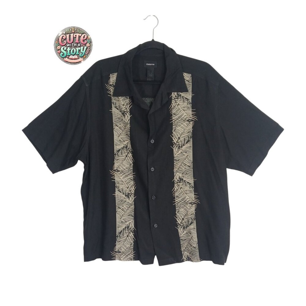 Claiborne Men's XL Hawaiian Aloha Shirt Black Palm Rayon Button Front